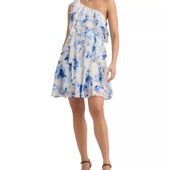 Ralph Lauren Blue Floral One-Shoulder Dress Size 14 NWT white and blue - Picture 1 of 6